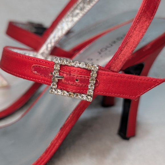 Charles Jourdan Paris Scarlet Red Satin Heels Rhinestone Square Buckle Womens 10 - Picture 7 of 12